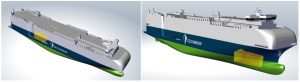 Another example of GTT's membrane-type fuel tank integration located in a large PCTC vessel with two alternative tank locations.